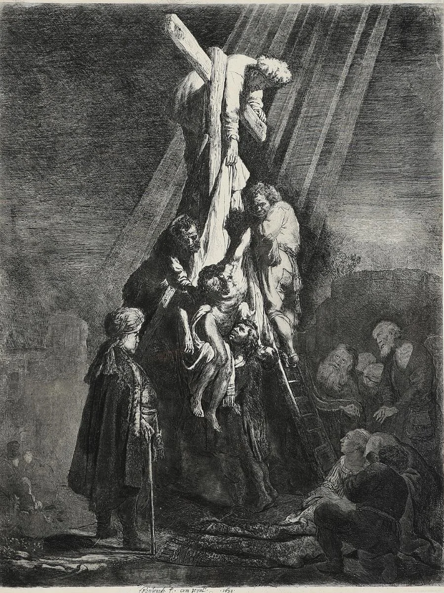 Rembrandt van Rijn: The decent from the Cross; Second Plate. 1633.Signed and dated in print Rembrandt. f. cvm pryvl°;. 1633.Etching and engraving.53×39.8 cm. — Prints & Drawings — Bruun Rasmussen