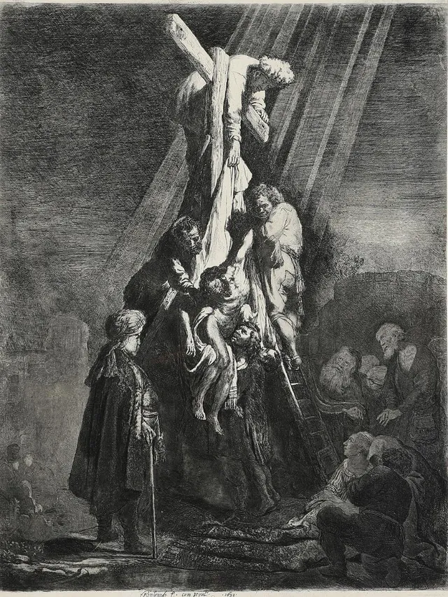 Rembrandt van Rijn: The decent from the Cross; Second Plate. 1633.Signed and dated in print Rembrandt. f. cvm pryvl°;. 1633.Etching and engraving.53×39.8 cm.