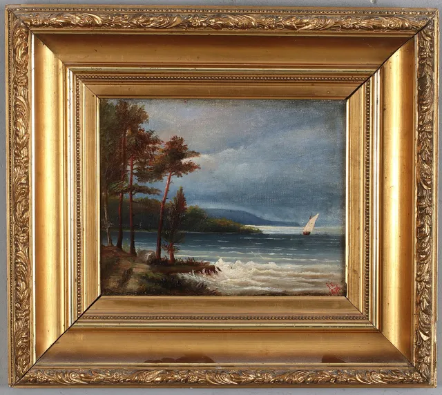 OIDENTIFIERAD KONSTNÄR. Kustlanskap med båt, olja på duk, monogramsignerad och daterad IK 1876.