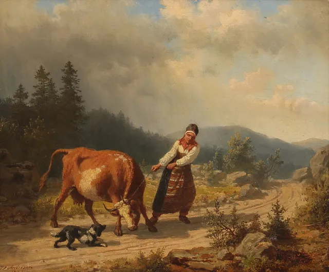 NILS ANDERSSON. Olja på duk, vallflicka, signerad N Andersson 1858.