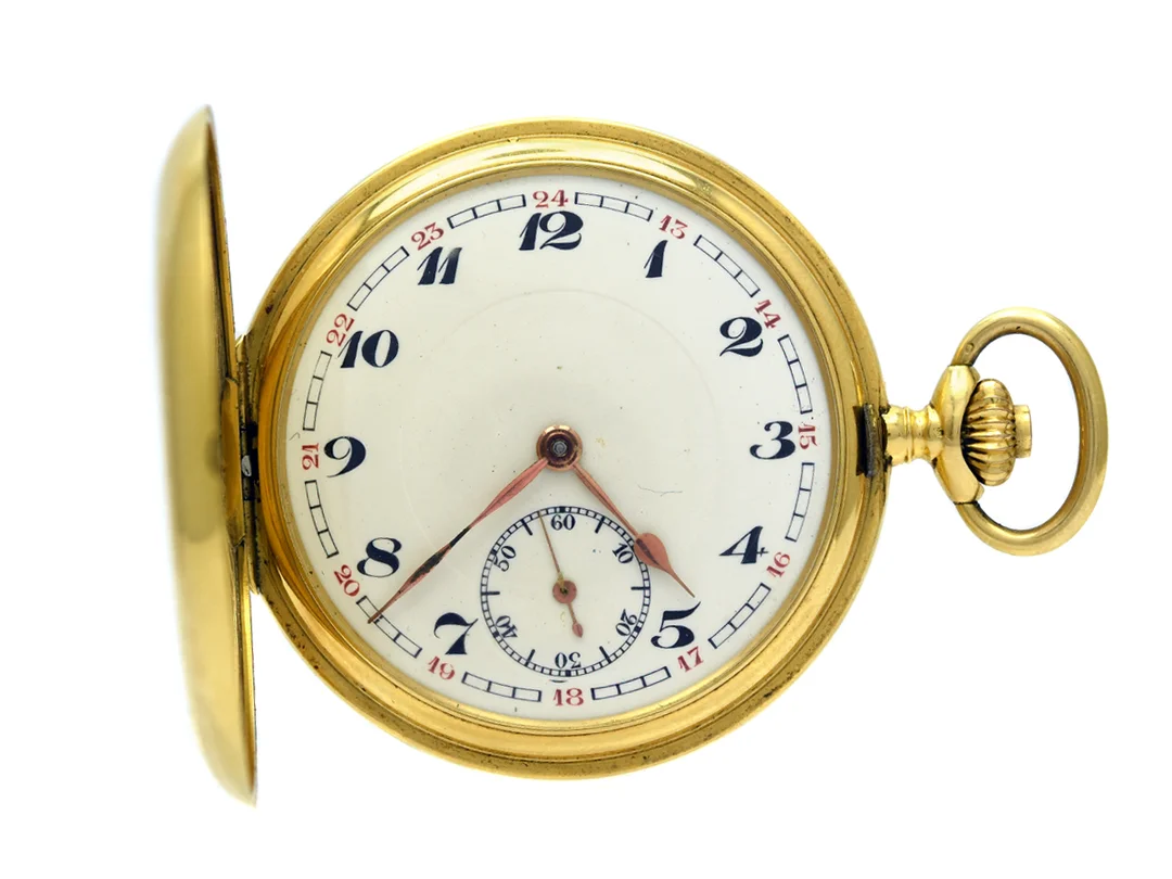 PERFECTA, fickur, 50,5 mm, savonett, Boett nr. 60/17, 18K guld, ankargång, urtavla ej signerad, skadad urtavla, gravyr, ca 1935, läderpåse, etui (Erik Norrman Ur & Optik affär Eskilstuna). — Klockor/Perfecta — Kaplans