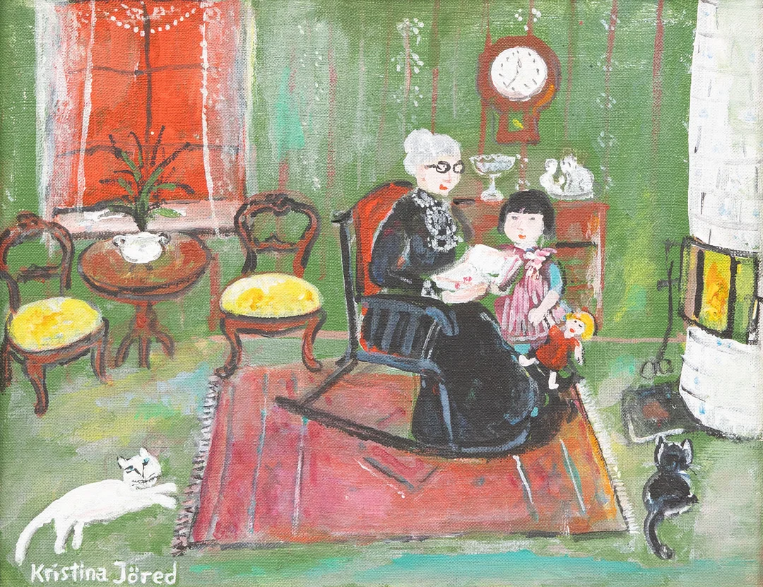 KRISTINA JÖRED (1913-2003). "Mormor läser sagor, olja på duk, signerad. — Paintings — Garpenhus Auktioner