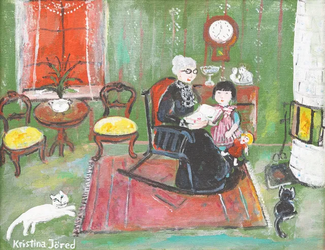 KRISTINA JÖRED (1913-2003). "Mormor läser sagor, olja på duk, signerad.