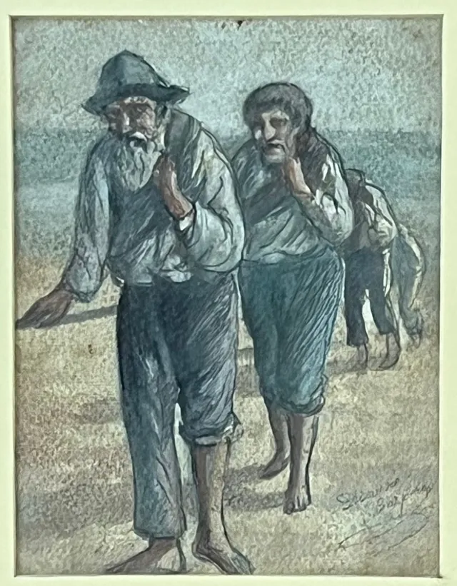 DIONÍS BAIXERAS. Pescadores, dibujo a color sobre papel.