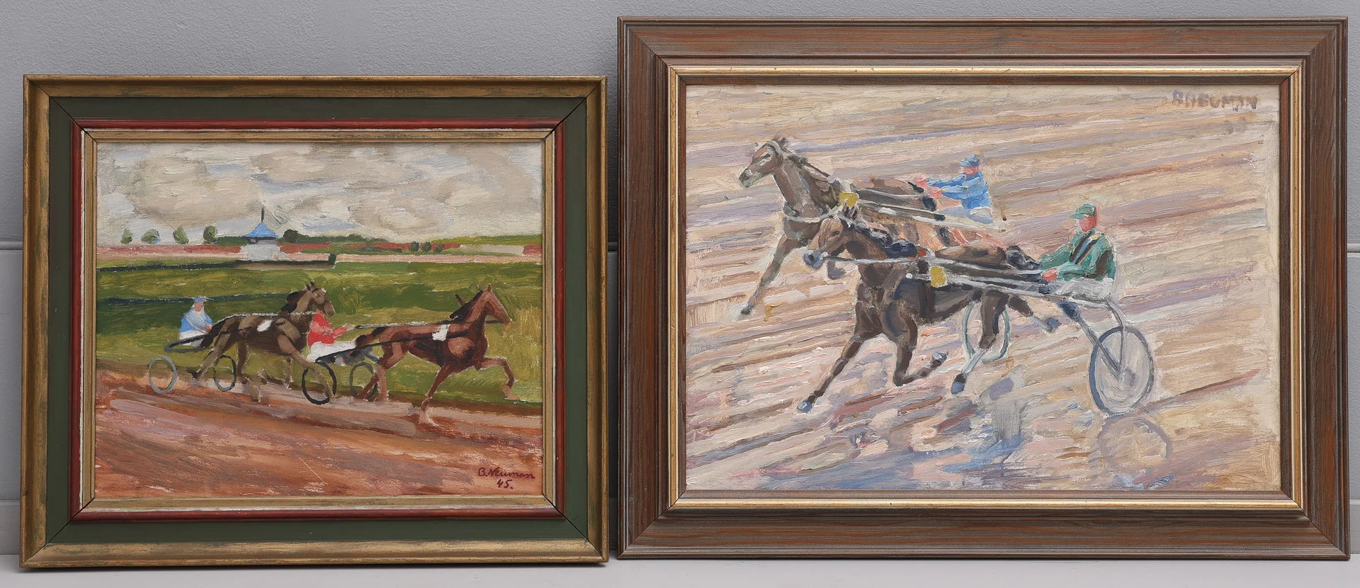 BERNHARD NEUMAN. OLJOR PÅ PANNÅ, 2 ST, TRAVMOTIV, SIGNERADE, 1900-TALETS MITT. — Paintings — Crafoord Auktioner Lund