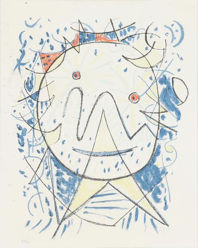 Three compositions with masks. All signed, 62/100. Lithographs in colours. 58×45 cm. (3)