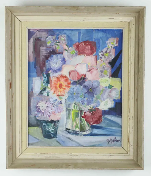 MARTHE BOHM. Olja på duk, Blommor i vas, signerad.