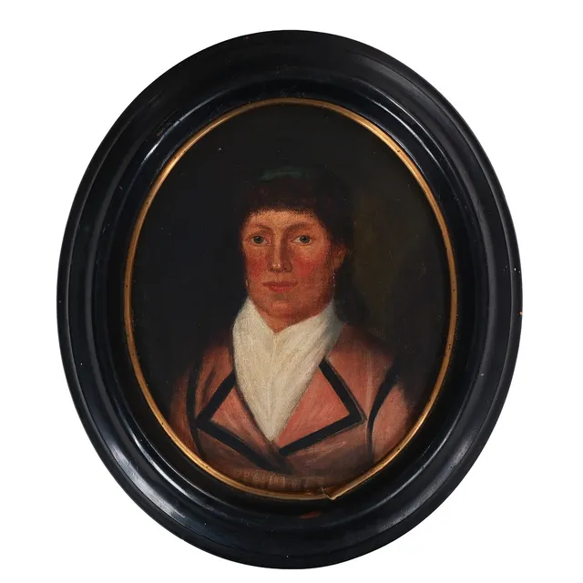 UBEKENDT KUNSTNER. Ovalt kvindeportræt, olie på lærred monteret på plade, signeret og dateret 1801.