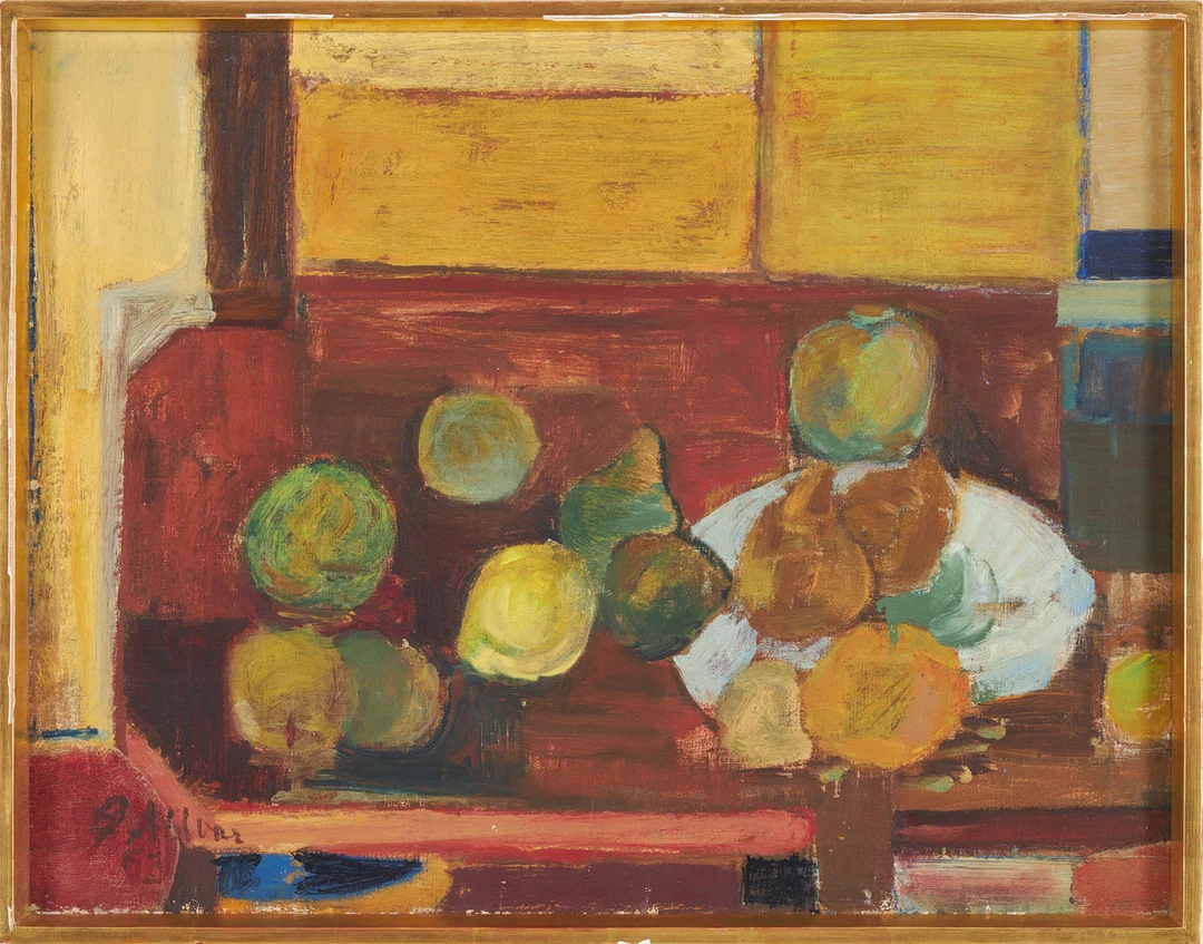 GUNNAR ALLVAR (1922-2003). Stilleben med äpplen och päron, olja på duk, signerad samt daterad 53. — Paintings — Stockholms Auktionsverk Sickla