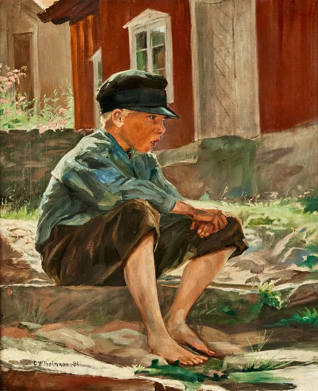 CARL WILHELMSON. Gosse i skärmmössa, olja på duk, 56 x 47,5 cm.