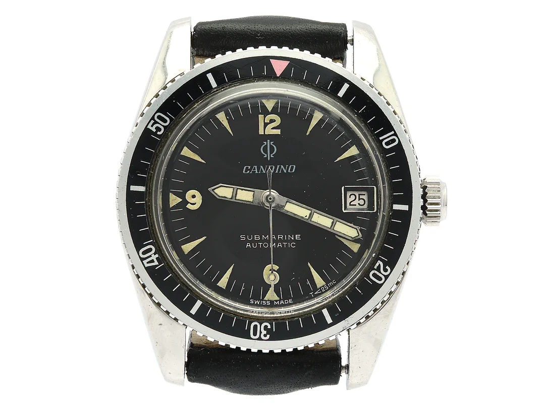 CANDINO, Submarine (T<25mc), Cal ETA 2452, Boett nr. 10200/1, herrur, 36 mm, stål, automatisk, plexiglas, datum, läderband, ca 1965. — Klockor/Candino — Kaplans