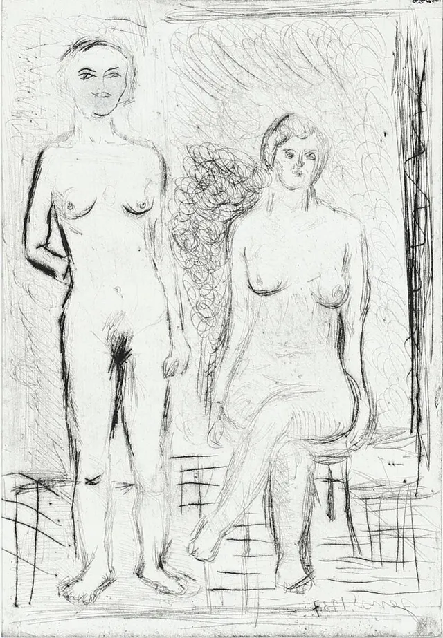 Two Women. Print signed. Etching. Visible size 29×20 cm. Unframed.
