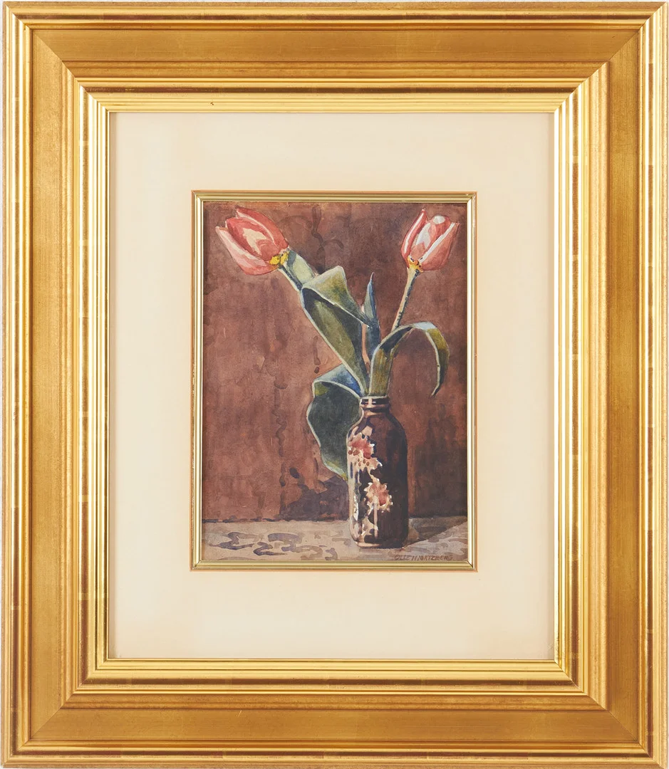 OLLE HJORTZBERG. Stilleben med tulpaner i flaska, akvarell på papper, signerad. — Paintings — Stockholms Auktionsverk Magasin 5