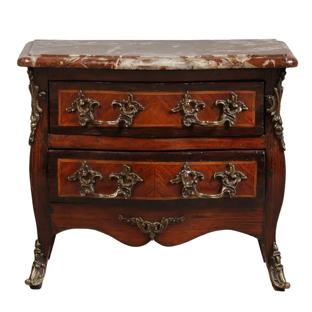A MINIATURE LOUIS XV STYLE ROSEWOOD AND KINGWOOD CROSSBANDED BOMBE COMMODE.