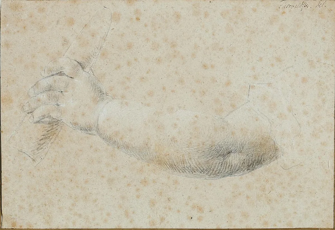 Study of a child's arm. Signed Thorvaldsen del. Pencil on paper. Mounted in passepartout. 15.5 × 22.5 cm. — Prints & Drawings — Bruun Rasmussen