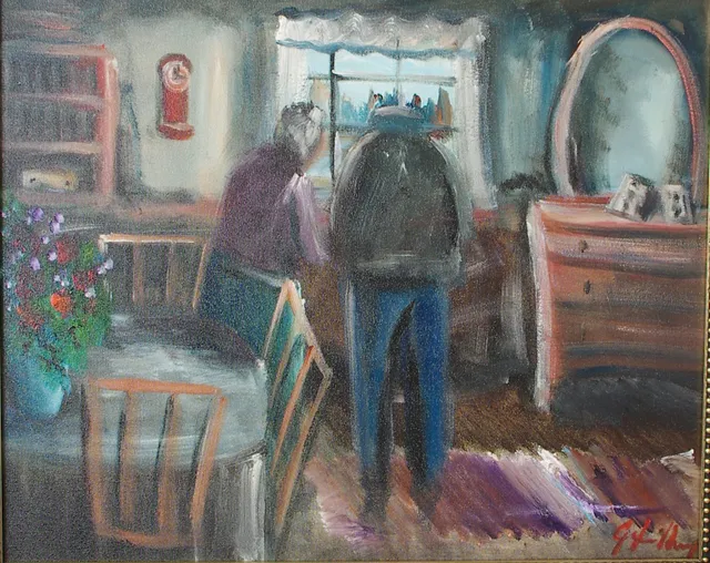 GÖTE LUNDBERG. Interiör med kvinna och man, olja på duk, signerad G. Lundberg.