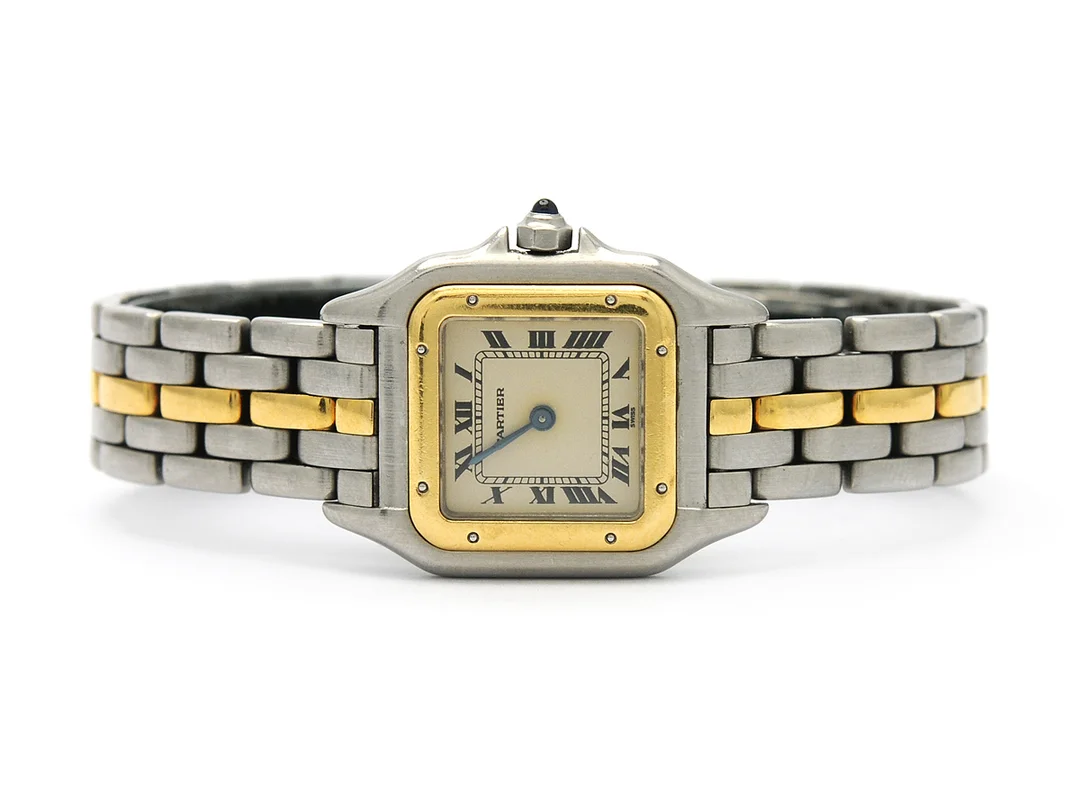 CARTIER, Panthère, Cal 66, Boett nr. 66921031101, damur, 22 x 22 (30) mm, stål/guld, quartz, safirglas, defekt, skadad urtavla, originallänk (1-rad), viklås, ca 1986, box. — Klockor/Cartier — Kaplans
