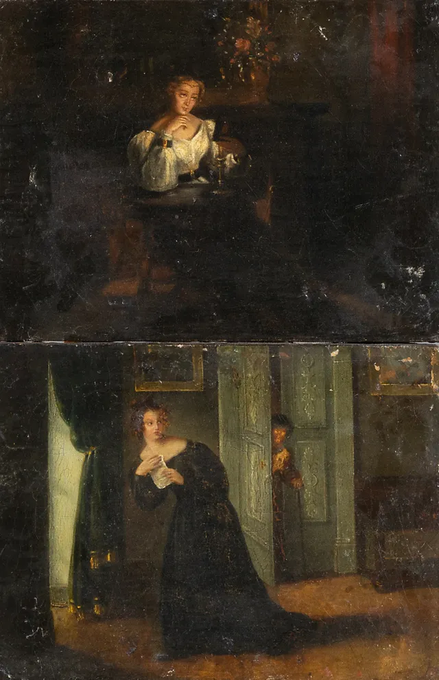 OIDENTIFIERAD KONSTNÄR. Porträtt, 2 stycken olja på duk, osignerade, 1800-tal.