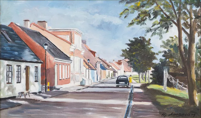 HJALMAR LINDBLOM. Gatumotiv, Limhamn, olja på duk, signersad.