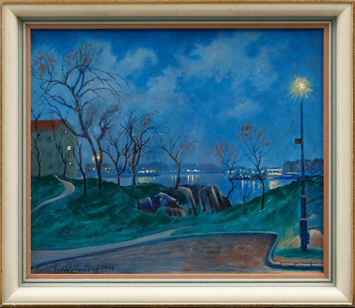 GABRIEL STRANDBERG. Skymning över Stockholm, olja på pannå, signerad. — Paintings — Göteborgs Auktionsverk