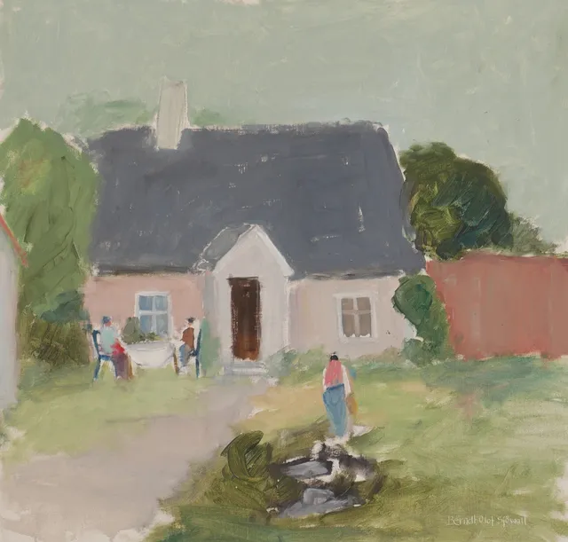BERNDT OLOF SJÖWALL. "Gårdsinteriör Småland", olja på pannå, signerad.