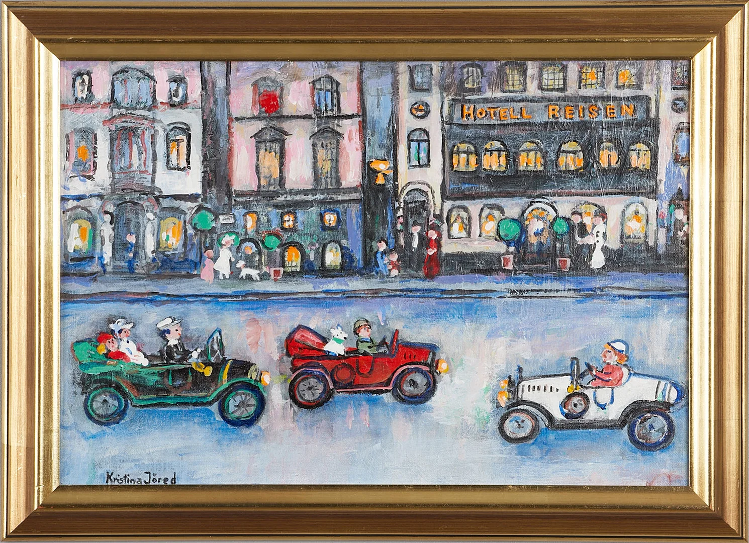 KRISTINA JÖRED (1913-2003). "På Skeppsbron" - Stockholm, Hotell Reisen, signerad Kristina Jöred, daterad på baksidan 82, olja på duk. — Paintings — Crafoord Auktioner Stockholm