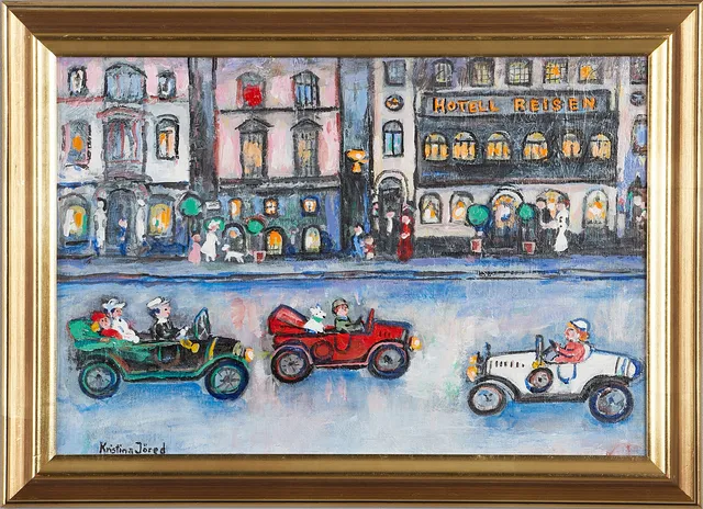 KRISTINA JÖRED (1913-2003). "På Skeppsbron" - Stockholm, Hotell Reisen, signerad Kristina Jöred, daterad på baksidan 82, olja på duk.