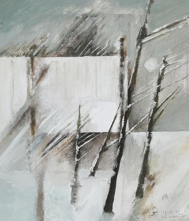 Nis Schmidt: “Vinter”, 1980. Signed and dated Nis Schmidt, 13-II-80. Acryllic and oil on canvas. 50×42 cm.