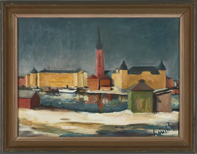 SVEN LINDER (Uppsala 1919-2007 Vallentuna), Vinterkväll – vy mot Riddarholmen, signerad Linder, olja på duk uppfodrad på pappskiva.