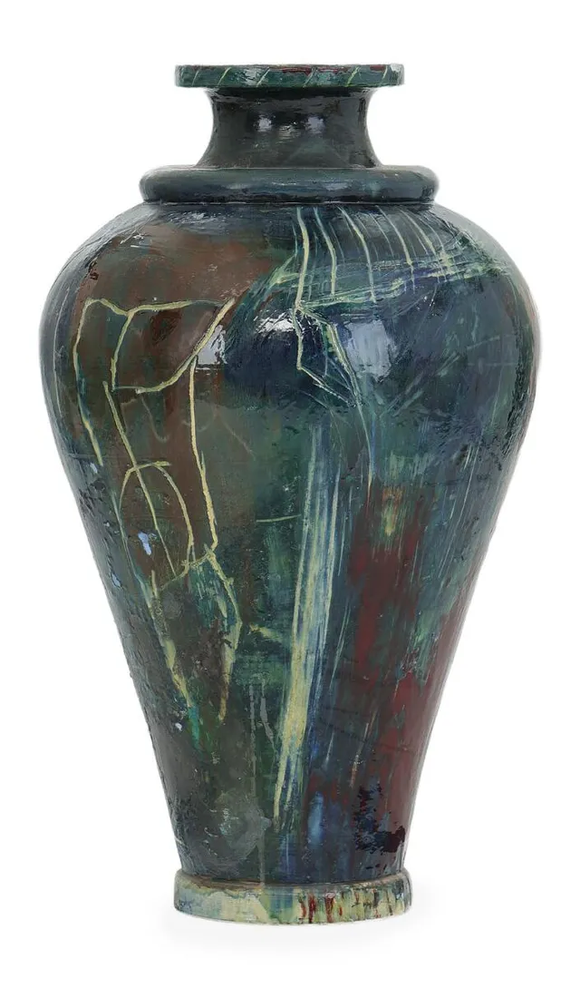 Grand vase. Unsigned. Polychrome painted stoneware. H. 100 cm. Dia. 60 cm.
