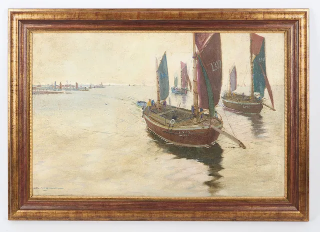 ARVID JOHANSSON (1862-1923). Skutor till sjöss, signerad, olja på duk.