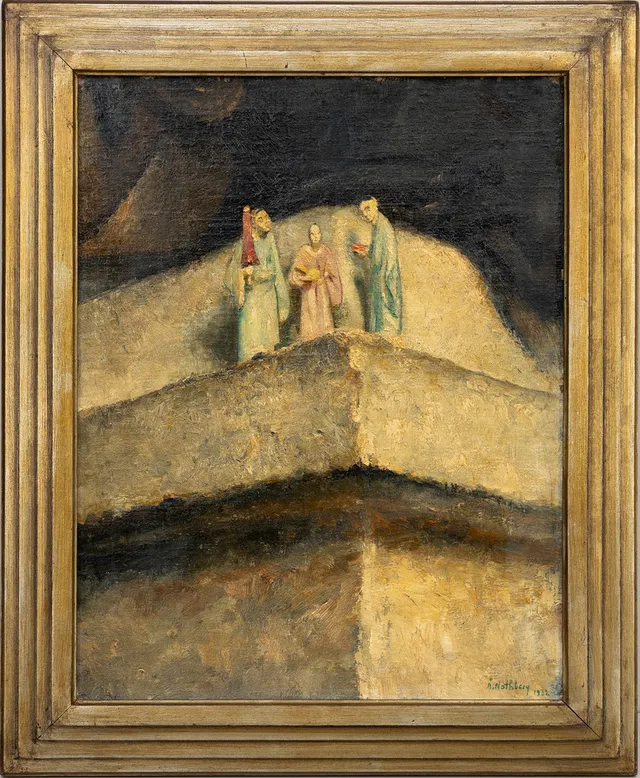 ÅKE NOTHBERG. Tre vise män, olja på pannå, signerad, daterad 1932.
