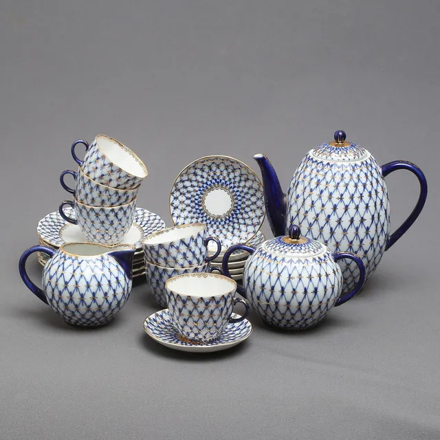 KAFFESERVISDELAR, 15 delar, porslin, "Cobalt Net", Lomonosov, Sovjet, Ryssland.