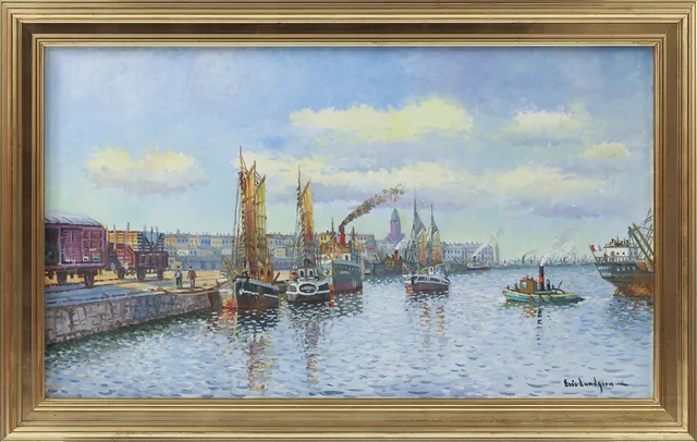 ERIC LUNDGREN. Göteborgs hamn, olja på duk, signerad.
