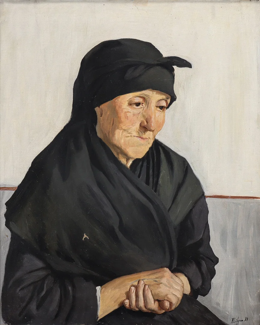 ROBERT LÖFGREN (1893-1978). Porträtt av äldre kvinna i svart klädsel. — Paintings — Karlstad Hammarö Auktionsverk