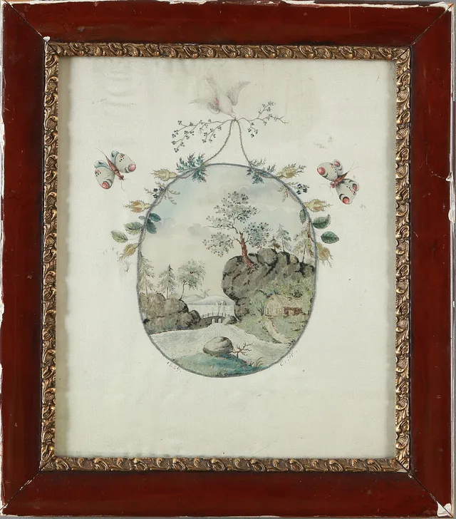 BRODERI / MÅLERI, på siden, landskapsmotiv samt bland annat fjärilar, monogramsignerd samt daterad 1829.