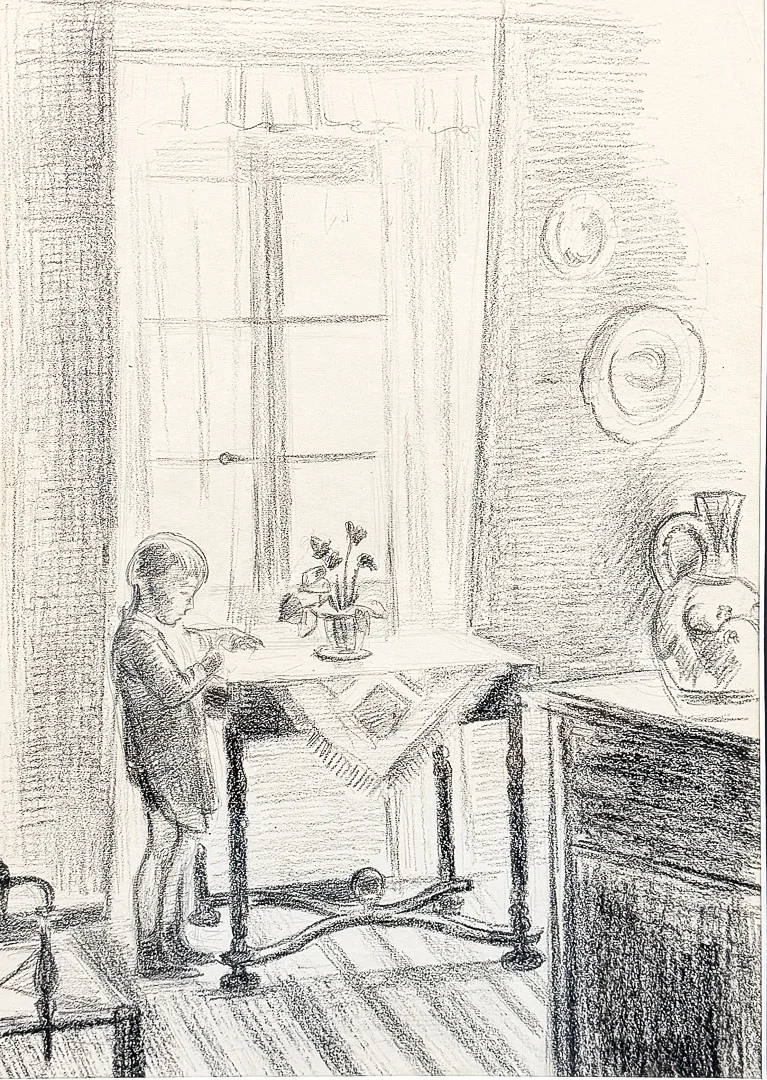 BIRGER SIMONSSON. "Gosse i interiör", blyerts. — Drawings — Auktionshuset STO Bohuslän