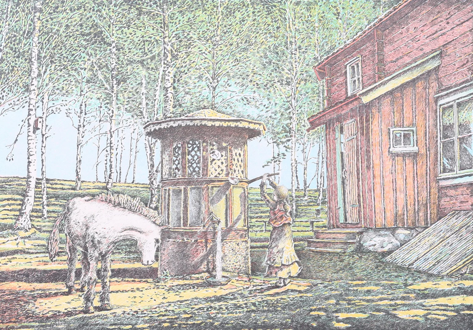MICHAEL HASKETT. Färglitografi, samling vid pumpen, signerad, numrerad 252/300, daterad 94. — Engravings & Prints — Auktionshuset Thelin & Johansson