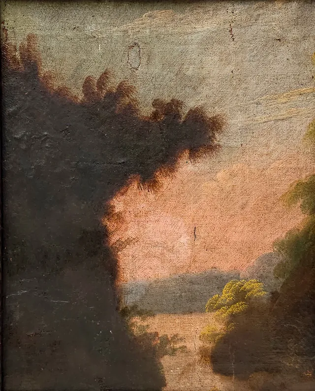 ESCUELA HOLANDESA SIGLO XVIII. PAISAJE AL ATARDECER. ÓLEO SOBRE LIENZO.