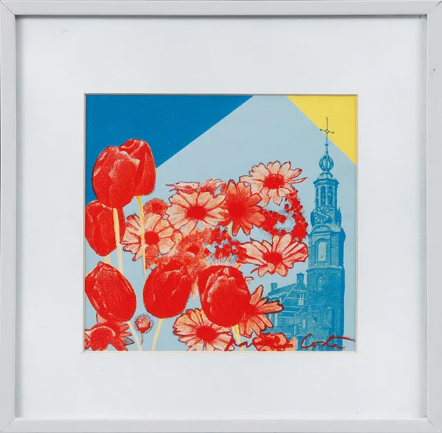 FRANCO COSTA. Kyrktorn och blommor, färgserigrafi, signerad.