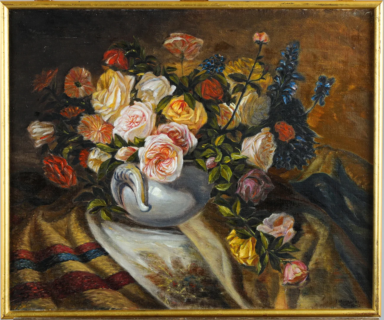 OIDENTIFIERAD KONSTNÄR. olja på duk, blomsterstilleben, signerad I Markov,daterad -97. — Paintings — Stockholms Auktionsverk Helsingborg
