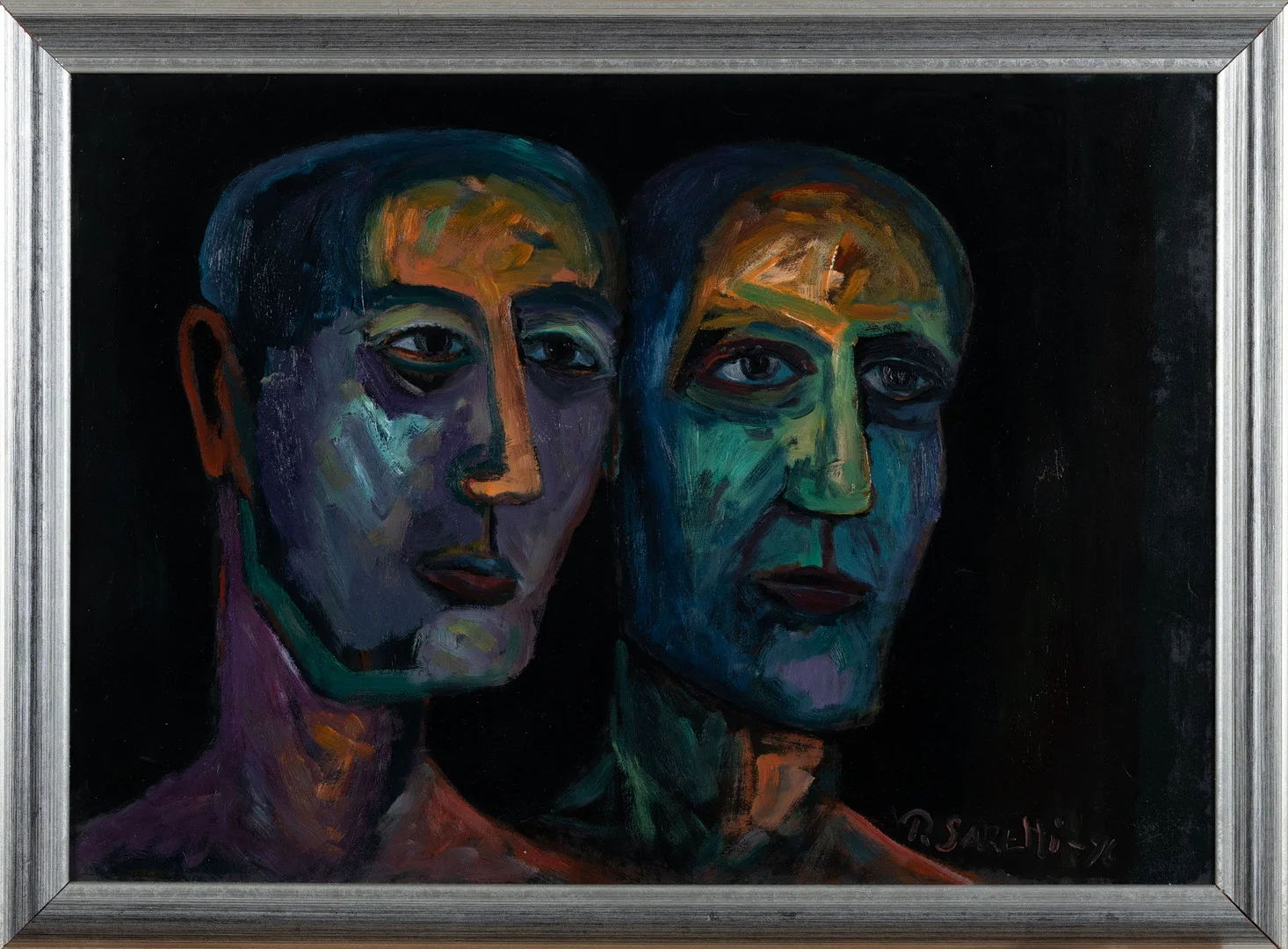 PAAVO SARELLI (1924-2007). Två ansikten, signerad samt daterad -96, olja på papp. — Paintings — Stockholms Auktionsverk Helsinki