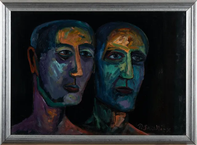 PAAVO SARELLI (1924-2007). Två ansikten, signerad samt daterad -96, olja på papp.