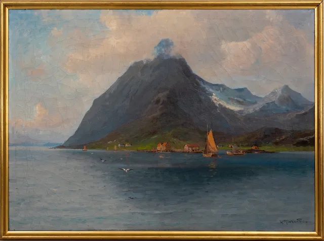 LUDVIG RICHARDE. "Waagakallen" Lofoten, Norge, olja på duk, signerad, titel samt datering a tergo 1919.