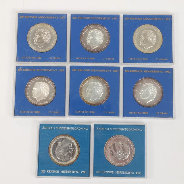 MINNESMYNT, 8 stycken, 200 kr, sterlingsilver, Sverige.