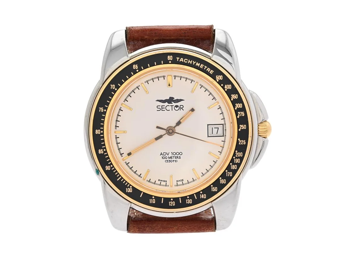 SECTOR, ADV 1000 (100 Meters), "Tachymetre", Boett nr. 51320517, herrur, 39 mm, bicolour, quartz, mineralglas, datum, läderband, ca 1995. — Klockor/Sector — Kaplans