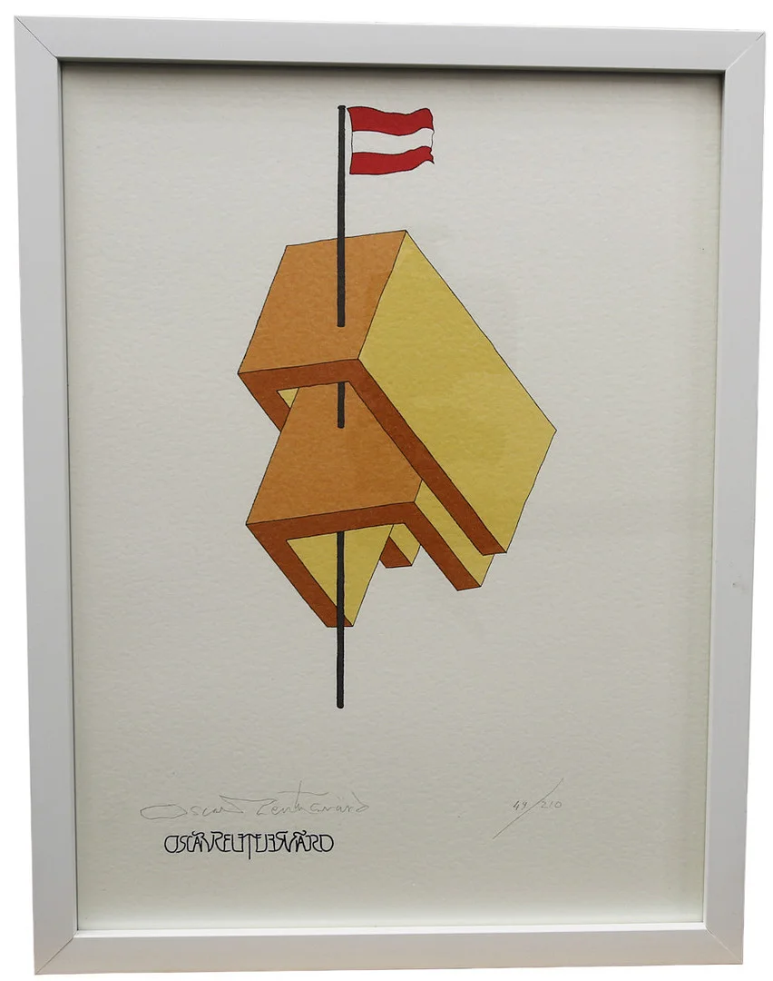 OSCAR REUTERSVÄRD. Färglitografi ur mappen "Fifteen European Impossible Figures". Österrike, numrerad 52/210, signerad. — Engravings & Prints — Limhamns Auktionsbyrå