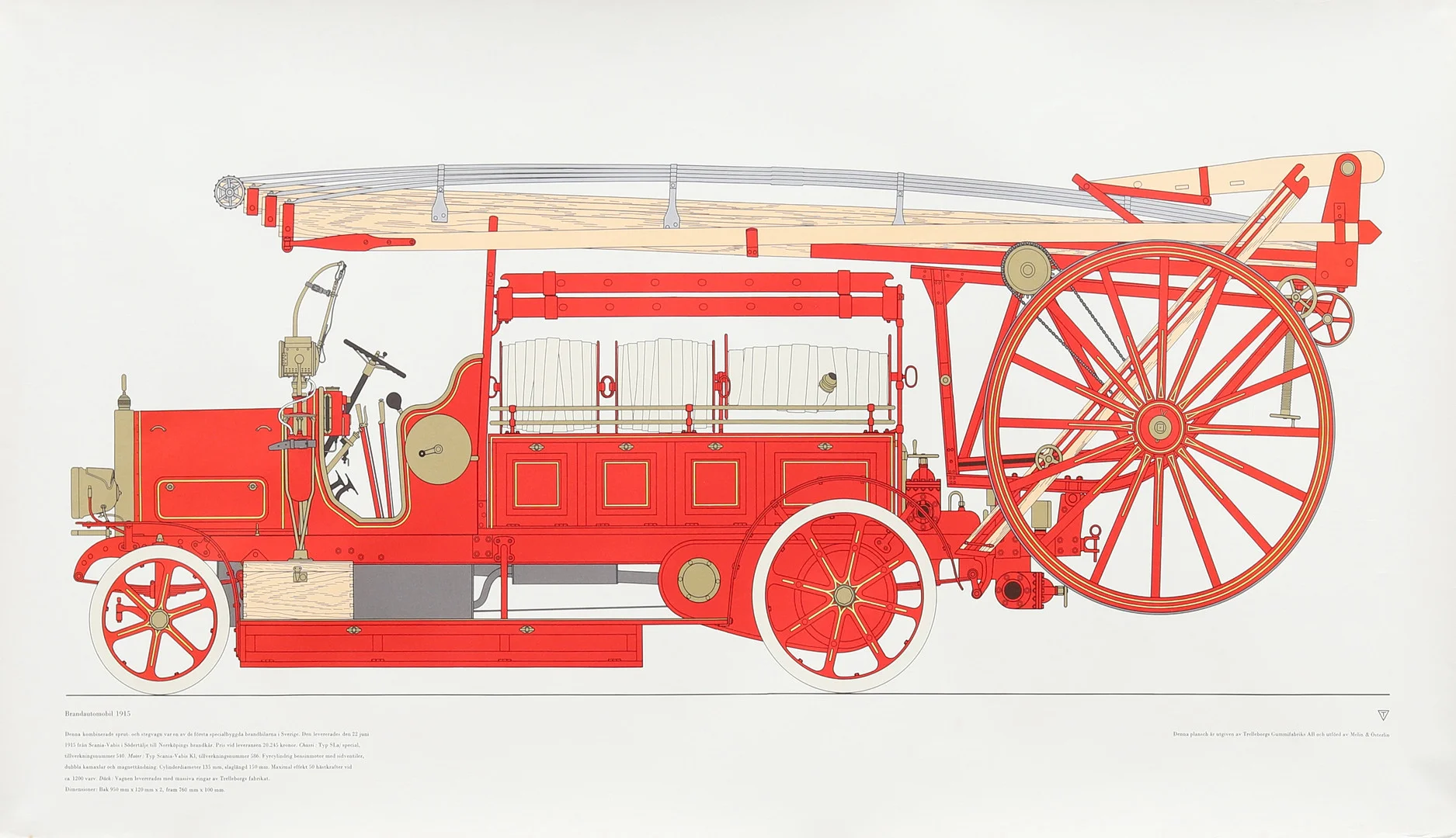 ANDERS ÖSTERLIN. Brandautomobil 1915, litografiskt tryck. — Engravings & Prints — Garpenhus Auktioner