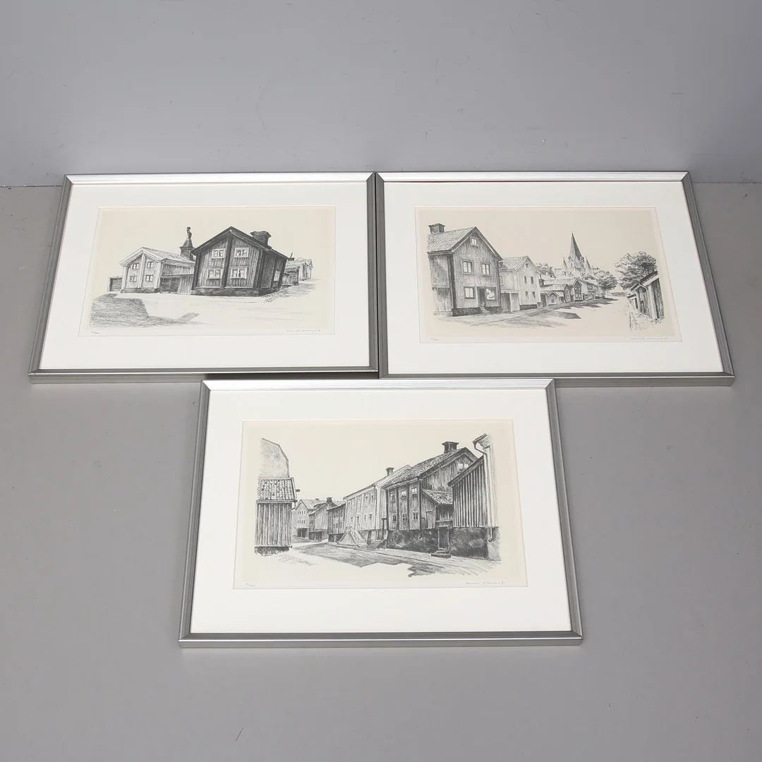 LENNART GLEMME. Västerviksmotiv, 3 st litografier, signerade, numrerade. — Engravings & Prints — Auktionshuset Thelin & Johansson