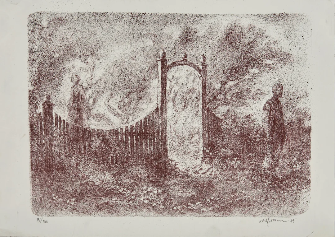 Harr, Karl Erik — Mennesker ved port, 1975 — Kunst/Grafikk — Blomqvist